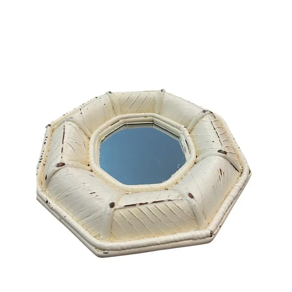 Set of 3 Rattan Mirrors Cream Hand Painted Rustic Distressed Boho Eclectic Wall